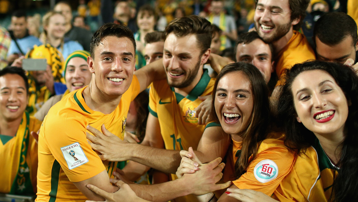 Chris Ikonomidis for the Socceroos - with the fans